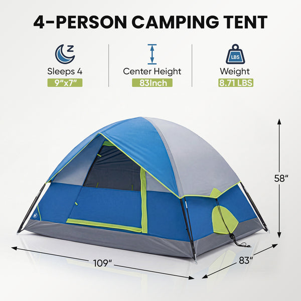 SHOUFTW 2-4 Person Waterproof Camping Tent with Rainfly, Easy Setup Dome Tent with Mesh Windows & Skylight Vent, Lightweight Portable Tent for Outdoor Camping, Hiking, Festivals & Backyard