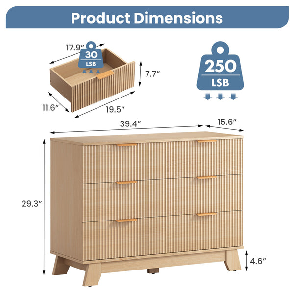 CONCETTA Modern Fluted Dresser for Bedroom, Wide Chest of Drawers with Metal Handles, Wood Storage Organizer for Living Room Bedroom Hallway, Natural Oak