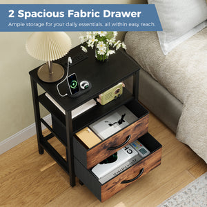 CONCETTA Small Nightstand with Charging Station, 2 Fabric Drawer, End Table with USB Ports and Outlets for Bedroom, Black，Black Brown，Rustic Brown，White