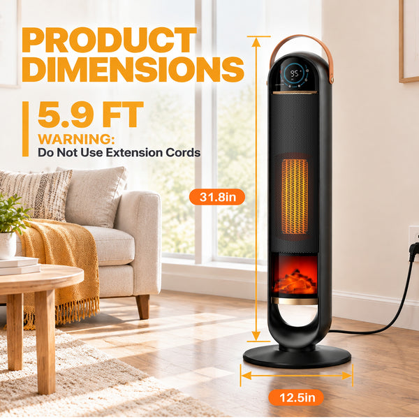 SHOUFTW 1500W Tower Space Heater for Indoor Use, Electric Heater with Static Simulated Flame, 45° Oscillation, Child Lock, Overheat & Tip-Over Safety