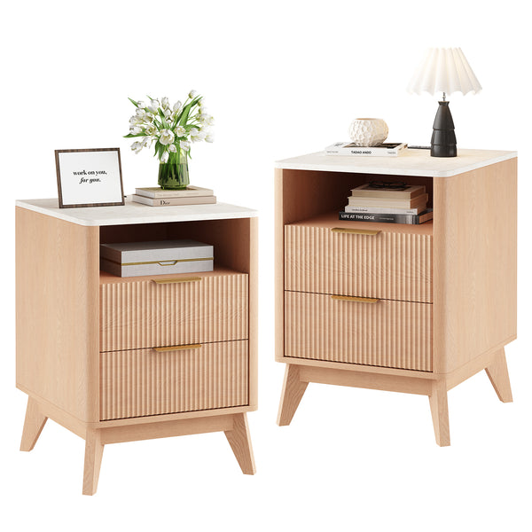 CONCETTA Fluted Nightstand with Charging Station, Faux Marble Top Bedside Table with 2 Drawers and Open Shelf for Bedroom, Living Room