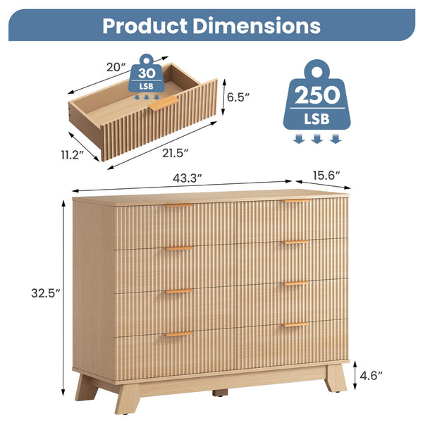 CONCETTA Modern Fluted Dresser for Bedroom, Wide Chest of Drawers with Metal Handles, Wood Storage Organizer for Living Room Bedroom Hallway, Natural Oak