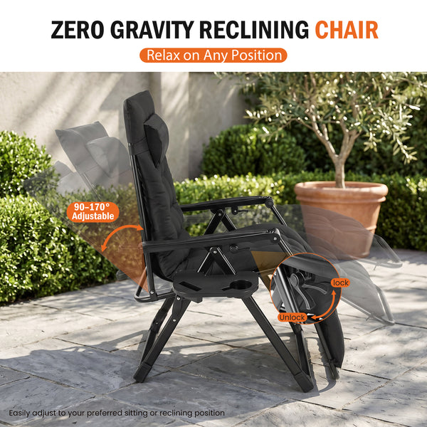 SHOUFTW Padded Zero Gravity Lounge Chair with Detachable Cushion & Side Tray, Folding Reclining Patio Chair, Outdoor Lawn Lounger