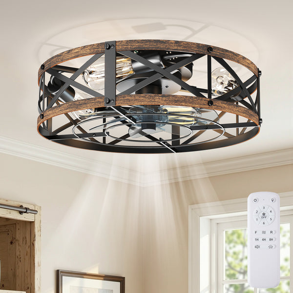 CONCETTA Farmhouse Flush Mount Ceiling Fan with Lights, Quiet Bladeless Fandelier for Bedroom Kitchen, Remote Control Rustic Low Profile Caged Ceiling Fan