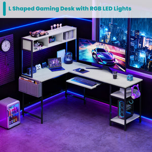 67" Reversible L-Shaped Desk with LED Lights, Power Outlets, Drawer, Keyboard Tray & Hutch
