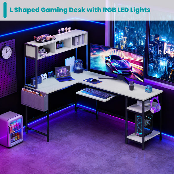 67" Reversible L-Shaped Desk with LED Lights, Power Outlets, Drawer, Keyboard Tray & Hutch