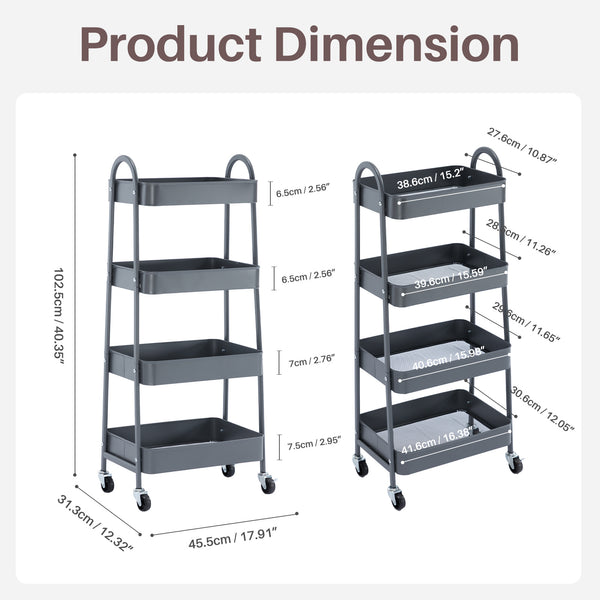 CONCETTA Versatile 4-Tier Metal Utility Cart with Locking Casters, Multi-Scenario Use for Office, Living Room, Kitchen