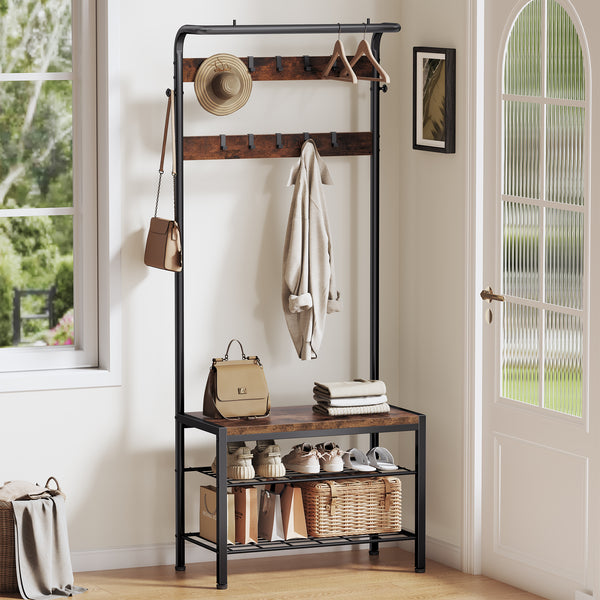 CONCETTA 4-in-1 Coat Rack Hall Tree with Shoe Bench, Shoe Storage, Removable Hooks, Hanging Rod, 13.3 x 28.3 x 72.1 Inches