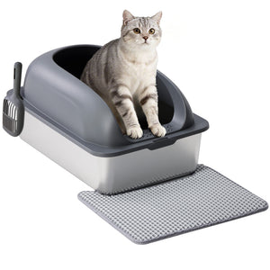 24in Stainless Steel Cat Litter Box with Lid, Large Cat Litter Box for Cats, High Wall Sides, Anti-Urine Leakage, Easy Cleaning, Scoop and Mat Included