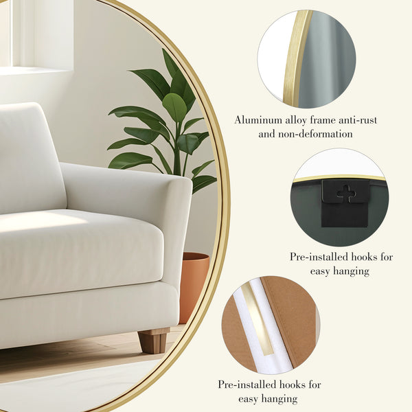 CONCETTA 28-Inch Round Wall-Mounted Mirror, Made Of High-Quality Aluminum, With a Clear And Bright Mirror Surface, Equipped With a Convenient Hook