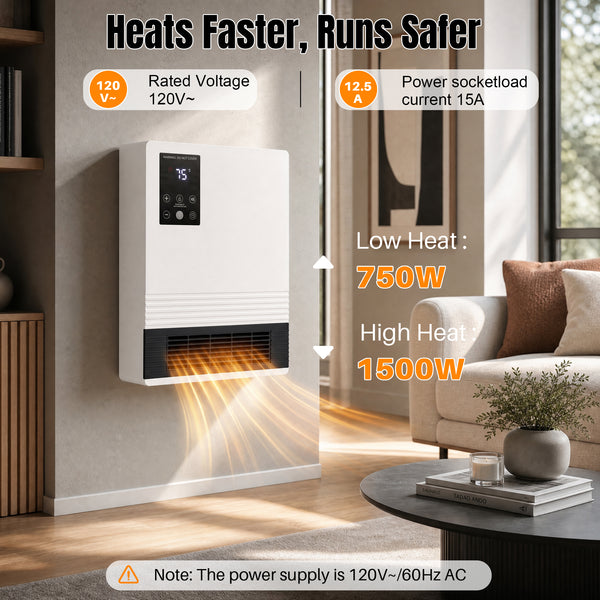 CONCETTA 1500W Wall‑Mount Electric Heater for Indoor Use,15‑Hour Timer, 2 Heat Settings, Touchscreen & Remote ControlOverheat Protection & Child Lock, White
