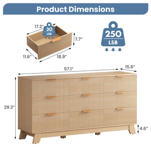 CONCETTA Modern Fluted Dresser for Bedroom, Wide Chest of Drawers with Metal Handles, Wood Storage Organizer for Living Room Bedroom Hallway, Natural Oak