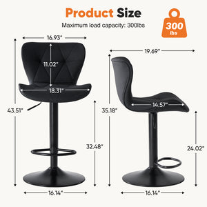 CONCETTA Set of 2 Swivel Bar Stools - Adjustable Height Modern Fabric Upholstered Barstools Counter Bar Chairs with Backrest for Kitchen Island & Home Bar