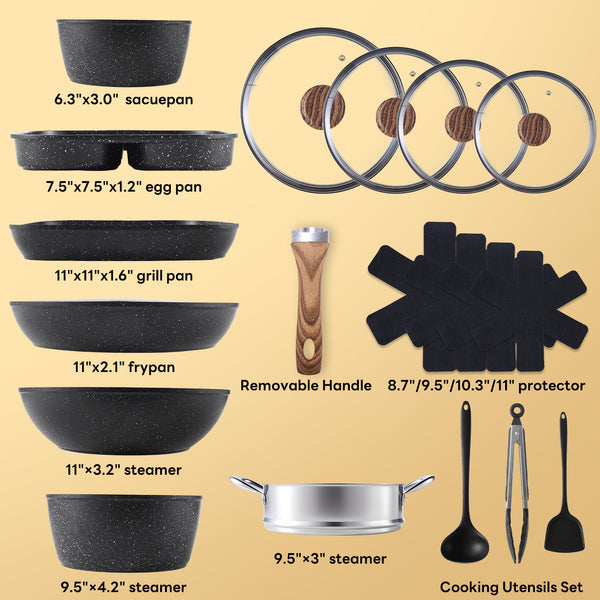 CONCETTA 17-piece non-stick cookware set,non-toxic kitchen cooking set,with heat-resistant handles,off white,black