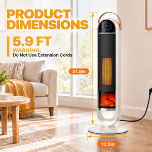 SHOUFTW 1500W Tower Space Heater for Indoor Use, Electric Heater with Static Simulated Flame, 45° Oscillation, Child Lock, Overheat & Tip-Over Safety