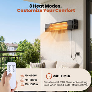 CONCETTA 5000 BTU Wall Mount Infrared Patio Heater, 1500W Outdoor Heater with Remote & 24H Timer, for Patio, Deck, Backyard & Garage,Black