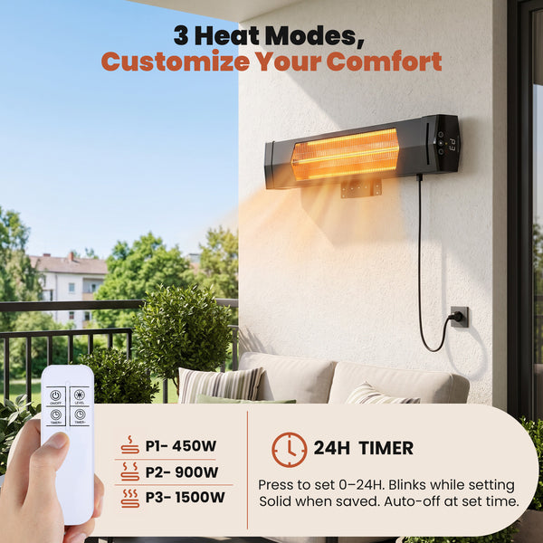 CONCETTA 5000 BTU Wall Mount Infrared Patio Heater, 1500W Outdoor Heater with Remote & 24H Timer, for Patio, Deck, Backyard & Garage,Black