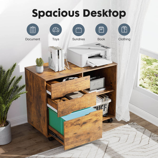CONCETTA Lateral File Cabinet - with 3 Drawers, Rolling Wooden File Storage Drawer, Black Printer Stand Under Desk Organiser for Office, Home