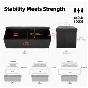 CONCETTA 43" Storage Ottoman – Foldable Faux Leather Stool with Storage, 660 lb Capacity, for Bedroom, Living Room, Entryway, Black
