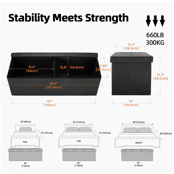 CONCETTA 43" Storage Ottoman – Foldable Faux Leather Stool with Storage, 660 lb Capacity, for Bedroom, Living Room, Entryway, Black