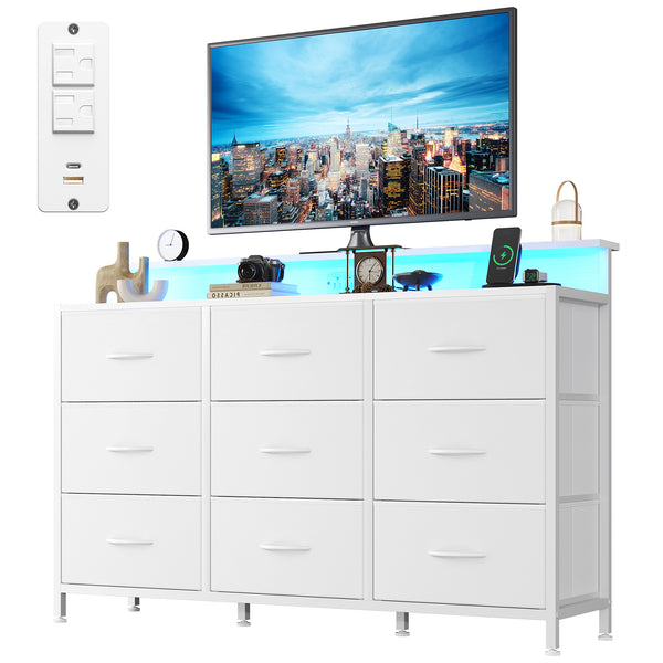 CONCETTA 47-inch TV Stand with RGB LED Lights & UL-Certified Charging Station for Families, 9 Fabric Drawers, Fits up to 55-inch TVs