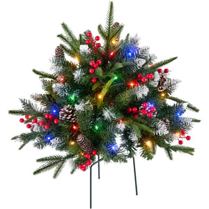 SHOUFTW Pre-Lit Frosted Artificial Christmas Urn Filler, Small Xmas Tree with 50 Warm Lights, Pine Cones & Red Berries for Indoor Outdoor Holiday Decor