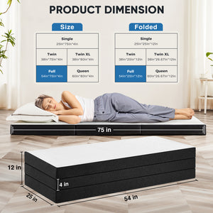 JOINSUN 4 Inch Twin Size Tri-fold Memory Foam Mattress, Portable Foldable Floor Bed with CertiPUR-US Certified, White