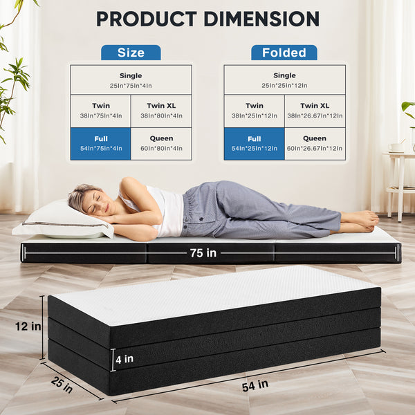 JOINSUN 4 Inch Twin Size Tri-fold Memory Foam Mattress, Portable Foldable Floor Bed with CertiPUR-US Certified, White
