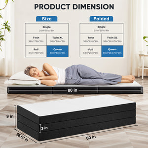 JOINSUN 4 Inch Twin Size Tri-fold Memory Foam Mattress, Portable Foldable Floor Bed with CertiPUR-US Certified, White