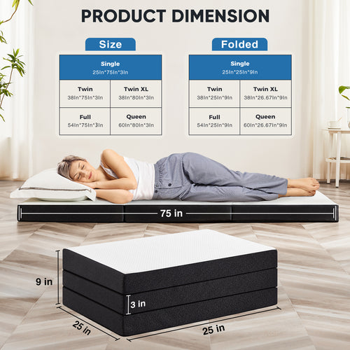 JOINSUN 4 Inch Twin Size Tri-fold Memory Foam Mattress, Portable Foldable Floor Bed with CertiPUR-US Certified, White