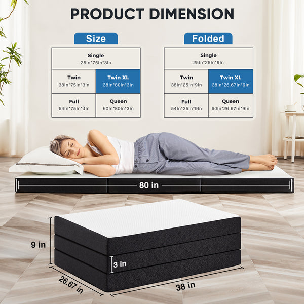 JOINSUN 4 Inch Twin Size Tri-fold Memory Foam Mattress, Portable Foldable Floor Bed with CertiPUR-US Certified, White