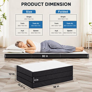 JOINSUN 4 Inch Twin Size Tri-fold Memory Foam Mattress, Portable Foldable Floor Bed with CertiPUR-US Certified, White