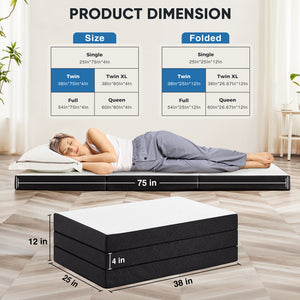 JOINSUN 4 Inch Twin Size Tri-fold Memory Foam Mattress, Portable Foldable Floor Bed with CertiPUR-US Certified, White
