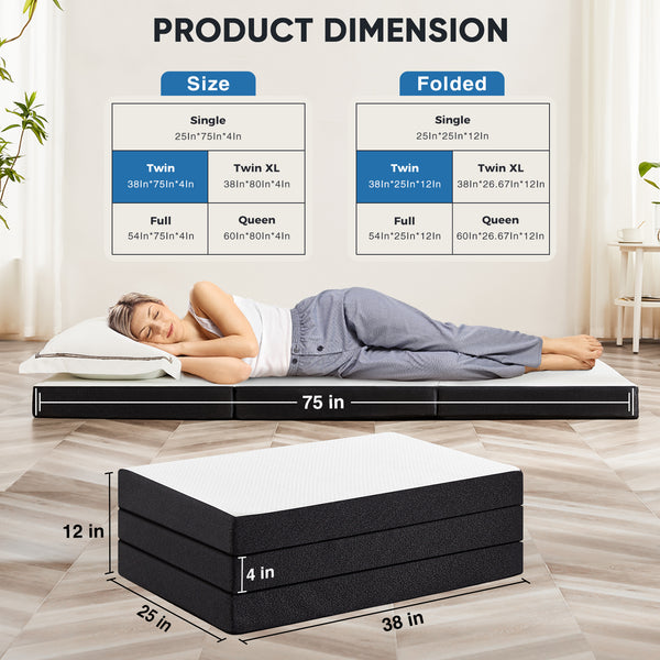JOINSUN 4 Inch Twin Size Tri-fold Memory Foam Mattress, Portable Foldable Floor Bed with CertiPUR-US Certified, White