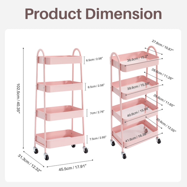 CONCETTA Versatile 4-Tier Metal Utility Cart with Locking Casters, Multi-Scenario Use for Office, Living Room, Kitchen