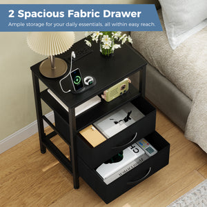 CONCETTA Small Nightstand with Charging Station, 2 Fabric Drawer, End Table with USB Ports and Outlets for Bedroom, Black，Black Brown，Rustic Brown，White