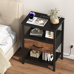 CONCETTA Small Night Stand with Charging Station, 1 Fabric Drawer, USB Ports and Outlets, Open Storage Shelf Bedside End Table for Bedroom, Black，Black Brown,Rustic Brown，White