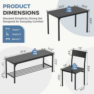 CONCETTA Dining Table Set with 1 Table, 2 Chairs, Dining Bench with Metal Frame & Storage Rack for Small Spaces, Kitchen, Apartment