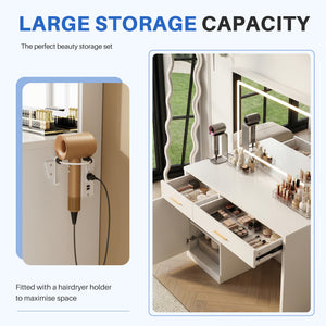 CONCETTA Vanity Desk with Mirror and Lights, Makeup Vanity Table with Hair Dryer & Power Outlet, Dressing Table for Bedroom