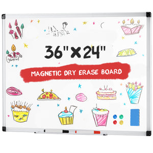 CONCETTA Dumos Magnetic Dry Erase Board - 36x24in, Dual Mount, Removable Pen Tray, Silver Frame, White