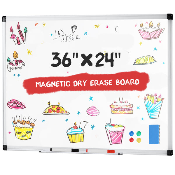 CONCETTA Dumos Magnetic Dry Erase Board - 36x24in, Dual Mount, Removable Pen Tray, Silver Frame, White