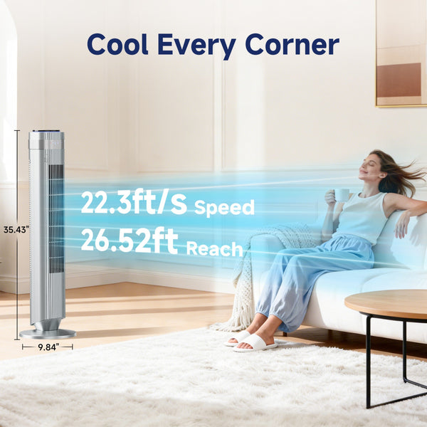 SHOUFTW Tower Fan Standing Bladeless, 23ft/s Velocity Quiet, 64° Oscillating with 5 Speeds, 4 Modes, 12H Timer for Indoor Bedroom