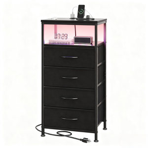 Fabric Drawers Nightstand with Charging Station, Bedside End Table with Power Outlet & USB/Type-C Ports, Iron Frame Structure, Adjustable Feet and Variable Light Strip for Bedroom