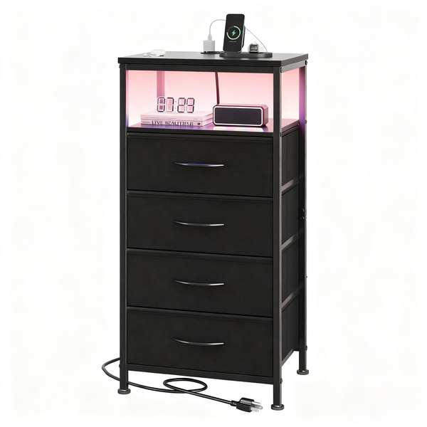 Fabric Drawers Nightstand with Charging Station, Bedside End Table with Power Outlet & USB/Type-C Ports, Iron Frame Structure, Adjustable Feet and Variable Light Strip for Bedroom