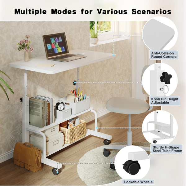 CONCETTA 31.5'' Adjustable Height Rolling Computer Desk with Storage Shelves, Portable Mobile Desk for Small Spaces Home Office