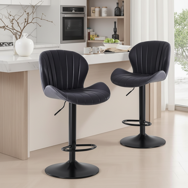 Set of 2 Swivel Bar Stools - Adjustable Height Modern Fabric Upholstered Barstools Counter Bar Chairs with Backrest for Kitchen Island & Home Bar, Black