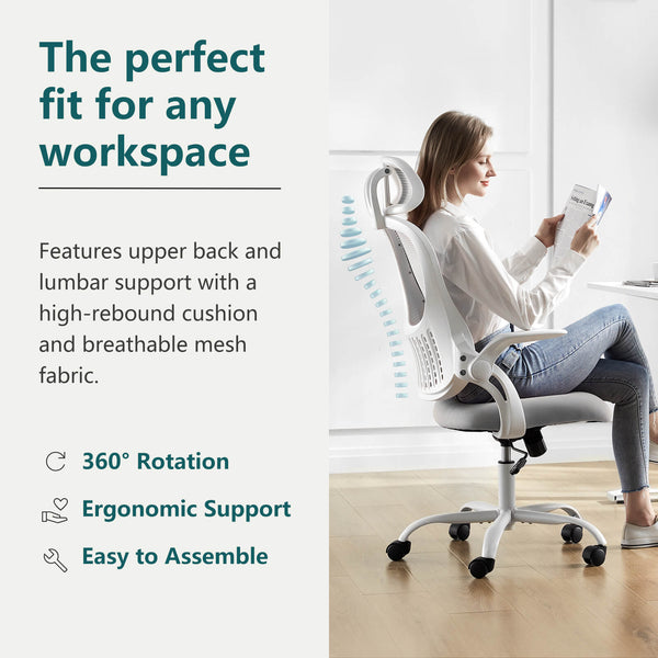 CONCETTA Ergonomic office chair - high back with wheels, adjustable headrest and flip-up armrests for bedroom, study, living room, office