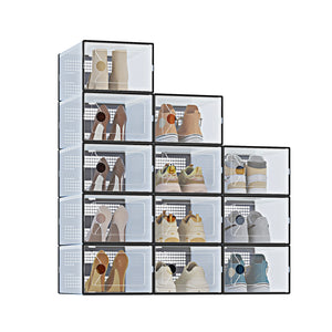 CONCETTA 12/15-Pack Shoe Box Organizer for up to US Size 9, Stackable Plastic Storage Rack for Closet Hallway Bedroom