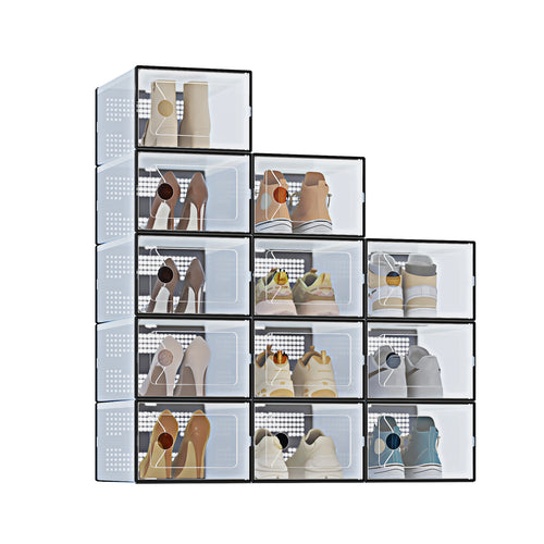 CONCETTA 12/15-Pack Shoe Box Organizer for up to US Size 9, Stackable Plastic Storage Rack for Closet Hallway Bedroom