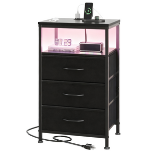 Fabric Drawers Nightstand with Charging Station, Bedside End Table with Power Outlet & USB/Type-C Ports, Iron Frame Structure, Adjustable Feet and Variable Light Strip for Bedroom